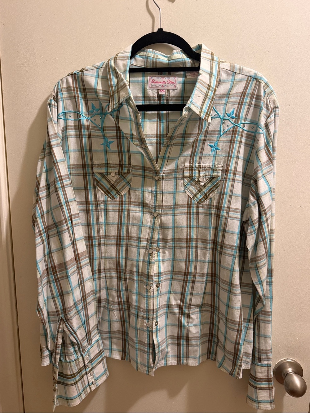 Panhandle Slim XXL Western Plaid Button-Up Shirt in White, Brown & Teal